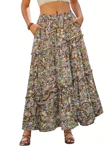 Scarlet Darkness Boho Maxi Skirt for Women Tiered Flowy Long Skirts with Pockets 2026 Summer Spring Vacation Outfits Brown Green Floral S — view 2