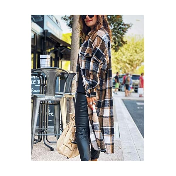 Omoone-Womens-Lounge-Lapel-Button-Up-Long-Sleeve-Plaid-Long-Shirt-Jacket-Shacket Omoone Women's Lounge Lapel Button Up Long Sleeve Plaid Long Shirt Jacket Shacket(1766-Brown-M)