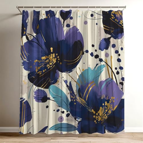 Rideau de douche imperméable lavable violet fleur colorée avec 12 crochets