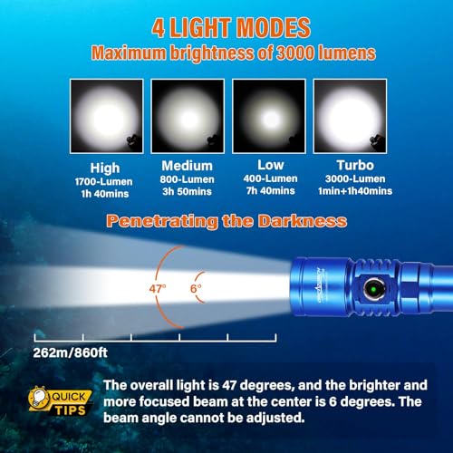 Image of ORCATORCH D710 Scuba Diving Light, 3000 Lumens Super Bright Underwater Flashlight with 6 Degrees Narrow Beam, IP68 Waterproof Night Dive Torch 150 Meters Submersible Light (Blue)