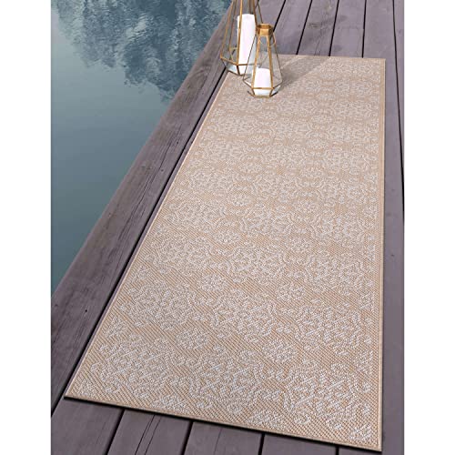 Rugshop Budelli Transitional Geometric Textured Flat Weave Easy Cleaning Outdoor Rugs For Deck,Patio,Backyard Indoor/Outdoor Runner Rug 2' X 7' Natural #TOP5