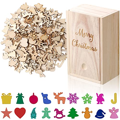 300 Pcs Unfinished Mini Wooden Ornaments Christmas DIY Mini Wood Cutouts with Storage Box for Crafts for Christmas Tree Hanging Crafts Home Decoration