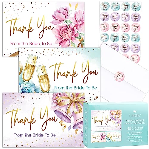 T Marie 48 Gold Foil Bridal Shower Thank You Cards With Envelopes And Stickers - Elegant Floral Wedding Shower Thank You Cards Boxed Set - Blank 4X6” Bulk Pack Notecards From The Bride To Be #TOP20