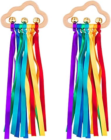 Baby Sensory Ribbon Ring Toys - 2Pcs Rainbow Ribbon Rattle Natural Wooden Ribbon Ring Molar Wood Circle Newborn Teether Sensory Montessori Toy for 6-12 Month Babies Toddler