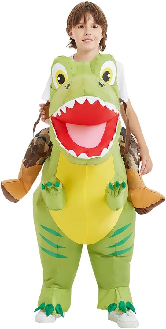 COMIN Inflatable Dinosaur Costume Kids, Ride on Dinosaur Blow Up Dino Costume Green Funny Dress for Halloween Party