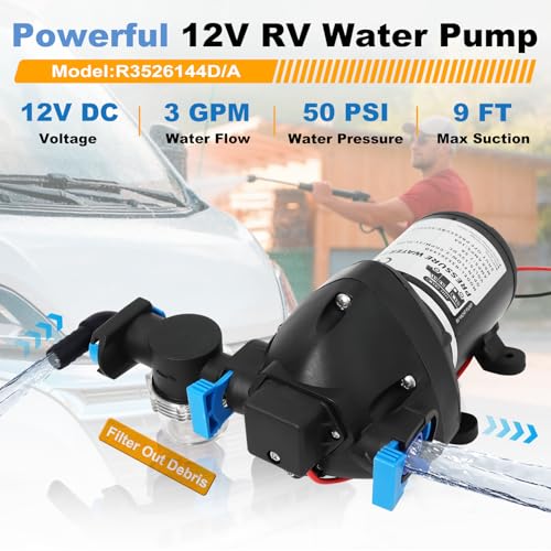 Image of R3526144D 12V 3.0 GPM RV Water Pump Kit with Strainer and Switch, Black