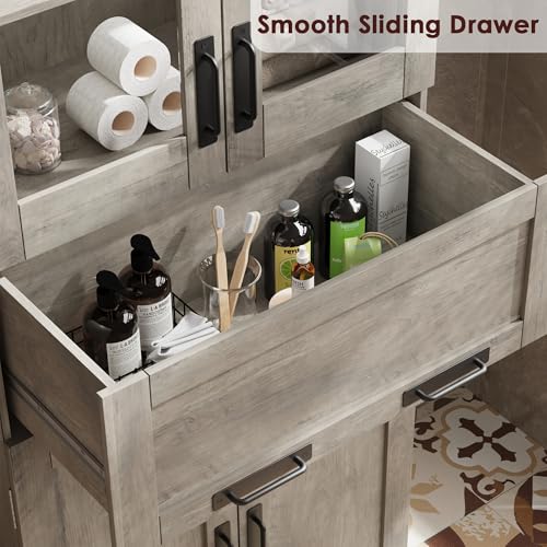 GAOMON 67" Tall Bathroom Cabinet with 4 Doors & Flip Glass Drawer, Storage Cabinet with Adjustable Shelves, Freestanding Organizer for Kitchen, Pantry, Living Room (Gray)