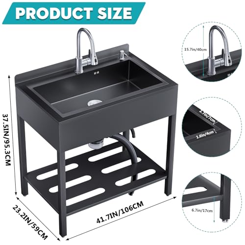42IN Stainless Steel Freestanding Utility Sink with Cold and Hot Water Faucet, Commercial Kitchen outdoor Sink with Hoses and Drain Kit, Laundry sink For Bathrooms, Backyard, Bar, Black - Thumbnail 2