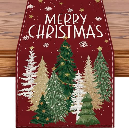 Artscope Christmas Tree Table Runner, Xmas Winter Snowflakes Holiday Kitchen Dining Table Decoration for Christmas Home Decor 13x72 Inch-Red