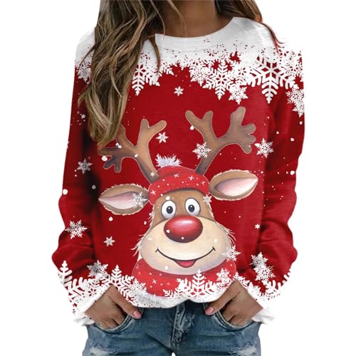 Generisch Jersey de Navidad para mujer, divertido diseño de copa de vino, estampado navideño, informal, suelto, manga larga, estampado navideño, suéter para mujer, blusa larga, color rojo, XXL,