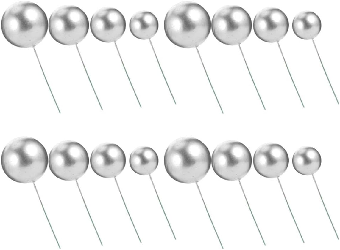 Kisangel 40pcs Silver Cake Decor Balls Set, Non-edible Cake Picks for Birthday Party and Dessert Decoration, 2cm-4cm Baking Cupcake Topper Insert for Celebration Supplies