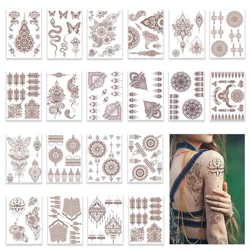 20 Sheets Henna Tattoo Stickers Kit, Lace Temporary Tattoo Stencils Stickers Set for Adults Women, Indian Waterproof Body Art Temporary Tattoo Sticker, Multi-functional Tattoo Stickers for Decor (20PC)