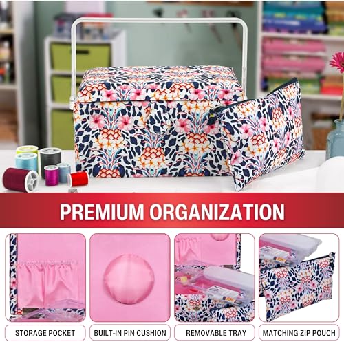 image for SINGER Large Premium Sewing Basket Tropical Animal Print with Emergenc