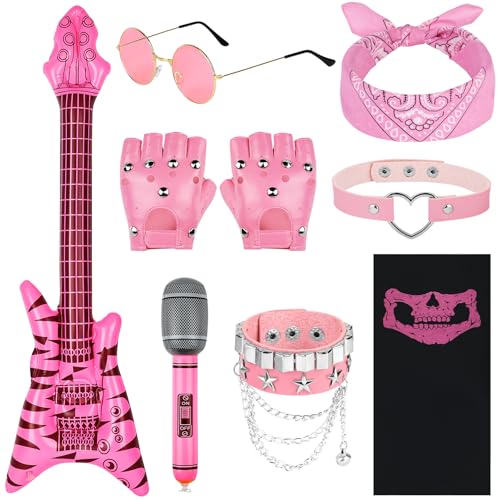BSBUY Costumes de Punk Rock Accessoires, 10Pcs Kit de Gothique Rocker pour Adultes Enfant avec Collier, Foulard, Guitare Gonflable et Microphone, Accessoires Punk pour Fête des Années 70 80 90
