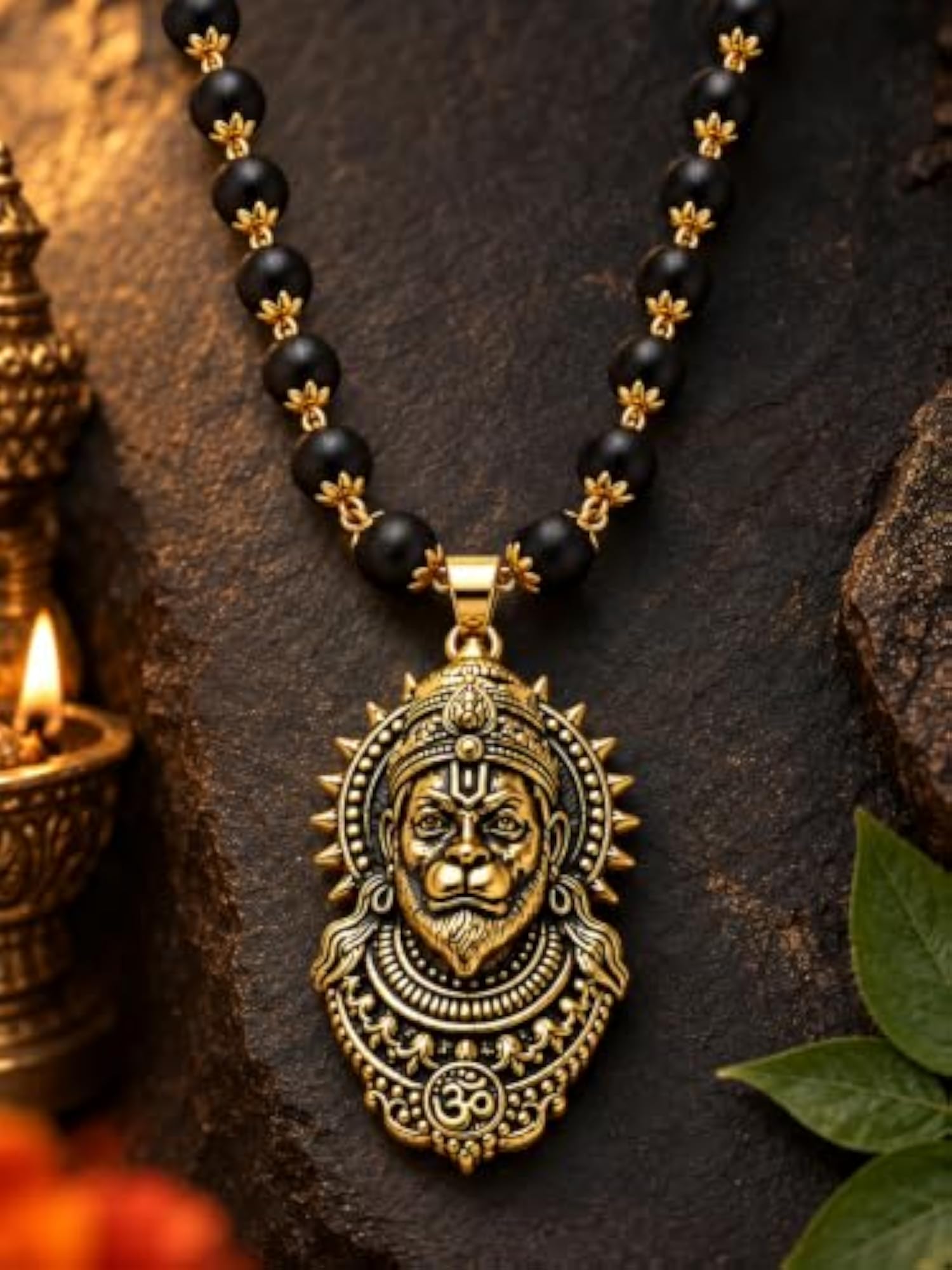 Hanuman Pendant Mala Necklace for Men & Women, Black Beaded