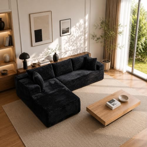 Image of Corduroy Boneless Couch for Living Room, 96 inch Cloud Sectional Couch with L-Shape Chaise, Modern Modular Sofa, Deep Seat Comfort, No Assembly Required