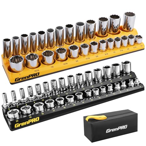 Image of Socket Organizer, GRENPRO Socket Holder Set, 2 Piece SAE & Metric Socket Trays Includes 3 /8 inch Drive Holds 52 Sockets