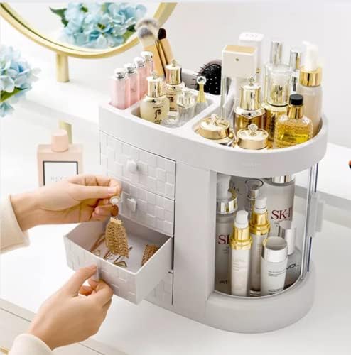 DIAMERS Makeup Organiser With Storage Drawers - High Capacity Cosmetics Organiser For Skincare Products & Accessories - 4 Layer Drawers, Clear Rotating Door - Durable, Waterproof, Dustproof - (White)