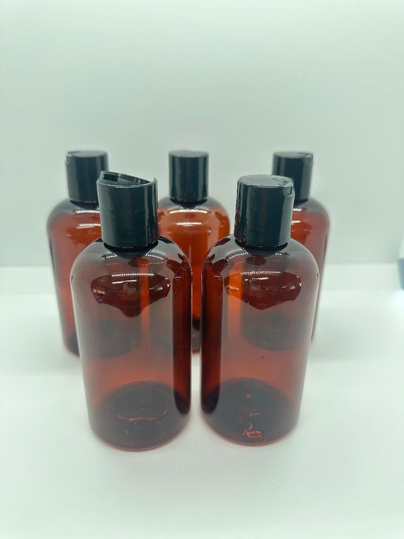 16 oz Amber Plastic Bottle with Black Disc Cap - 5 Pack - BPA-Free and Break-Resistant - Perfect for Lotions, Creams, and Beauty Essentials