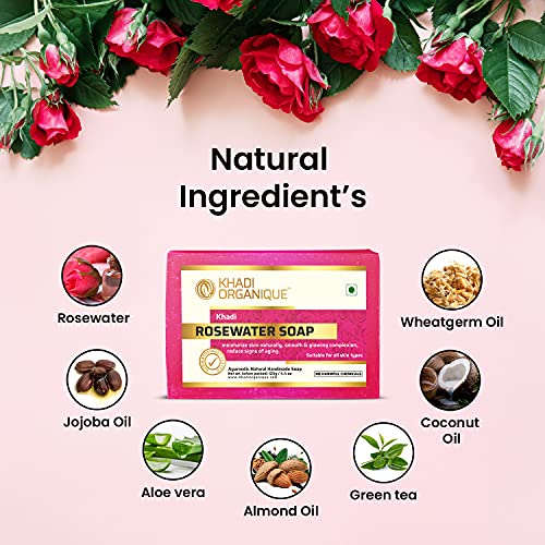 Image of Khadi organique handmade rosewater soap pack of 3 100% herbal natural soap