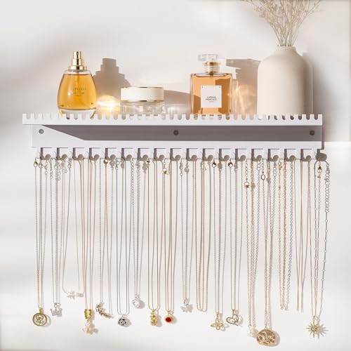 Josmimic Porte Bijoux Mural Organisateur : Présentoir Bijoux Mural avec 56 Crochets et Plateau, Rangement Bijoux Mural pour Femmes, Filles et Enfants, Blanc,...