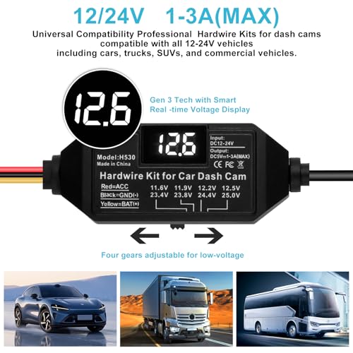 Image of Dash Cam Hardwire Kit USB C, 12V-24V to 5V /3A Adapter Power Cable with Voltage Display, 24 /7 Parking Mode, Acc Detection, 4-Level Low Voltage Protection (11.6V /11.9V /12.2V /12.5V)