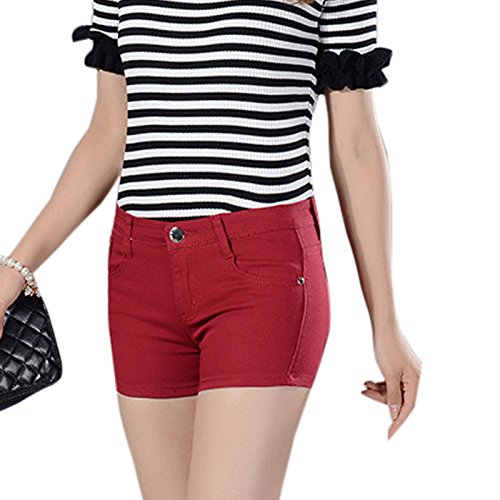 Photo de Elonglin Femme Shorts Basique Été Grande Taille Maigre Pantalon Court en Coton Jean à Taille Haute élastique Hot Lady Summer Shorts Denim Extensible Coupe Slim Rouge Vineux Taille FR 44 (Asie 32)