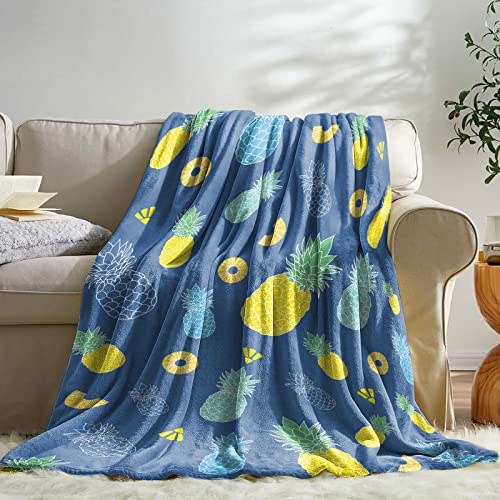 Sowide Pineapple Blanket, Blue and Yellow Throw Blanket for Tropical Fruit Lovers Soft Flannel Blanket - Image 2
