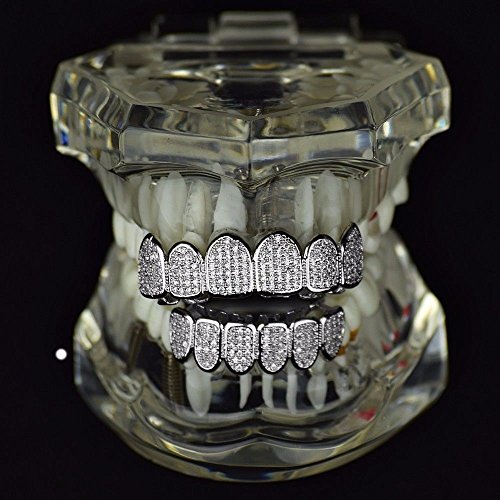 Premium Grillz Set Cz Cubic Zirconia Bling Silver Tone Top & Bottom Teeth Custom Hip Hop Grills #TOP3