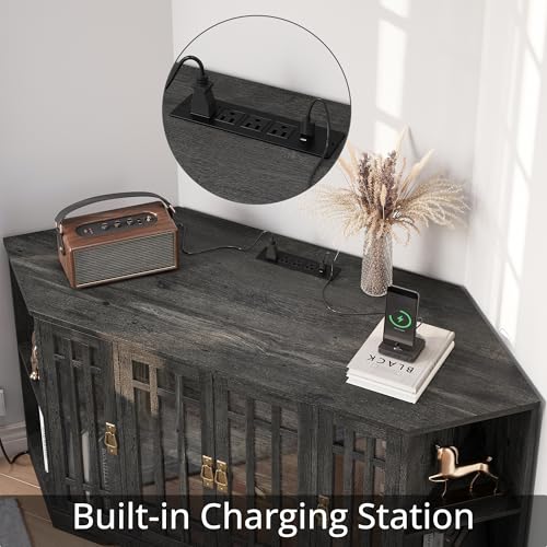 Image of IRONCK Corner TV Stand for TVs up to 60 Inch with Power Outlet, Corner Entertainment Center with Storage Cabinet and Glass Doors, Mid Century Modern TV Stand for Living Room, Bedroom, Charcoal Grey