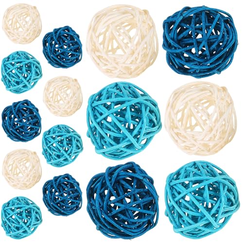 DOITOOL 15 Boules Décoratives en Rotin Bleu Marine Bleu Clair et Blanc Ø 5 CM Artisanales et Naturelles pour Diffusion D’Huiles Essentielles Décoration...