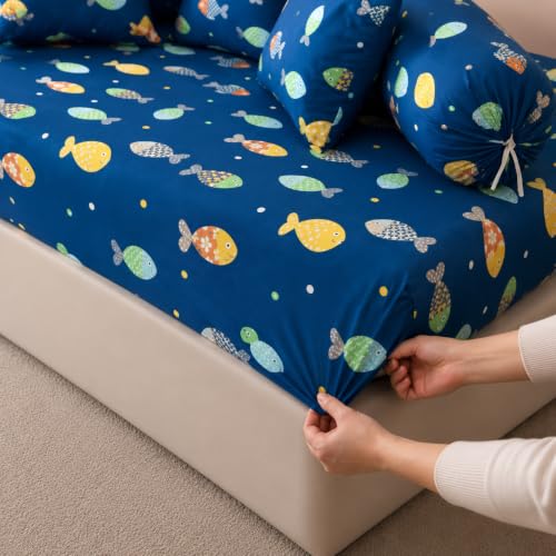 Image of Filymore Cute Fish Kids Fitted Diwan Set 8 Pieces - Blue Microfiber Diwan Bedsheet Set with 5 Cushion Covers & 2 Bolster Covers | Soft & Comfortable Cartoon Fish Print Diwan Cover Set for Kids Room