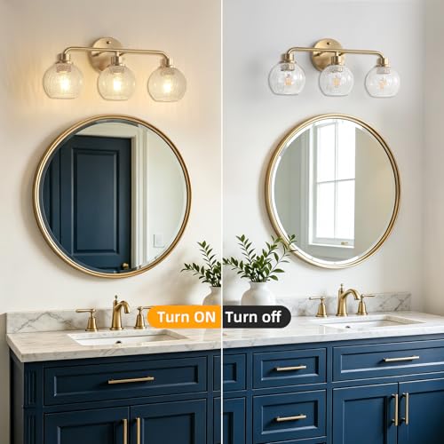 Image of Bathroom Light Fixtures Gold Vanity Light 3 Light Brushed Brass | Wall Sconces Lighting with Crackle Globe Glass Shades Bath Wall Lamp for Mirror Kitchen Living Room Bedroom Hallway