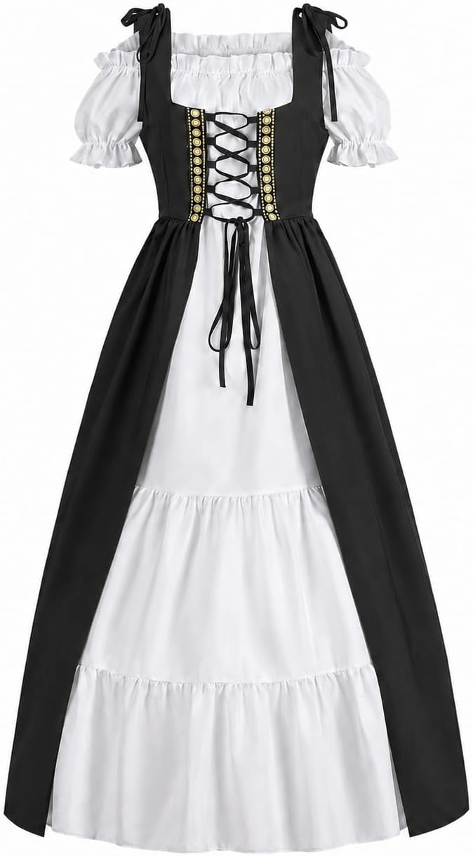 Medieval Lace-Up Corset Tiered Short Sleeve Maxi Gown