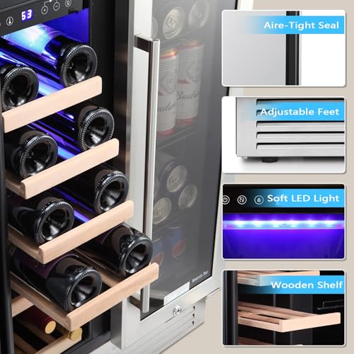 Image of Antarctic Star 24 Inch Dual Zone Wine and Beverage Refrigerator, Built-in or Freestanding Mini Fridge with Clear Glass Door & LED Light, for Beer, Soda, and Wine
