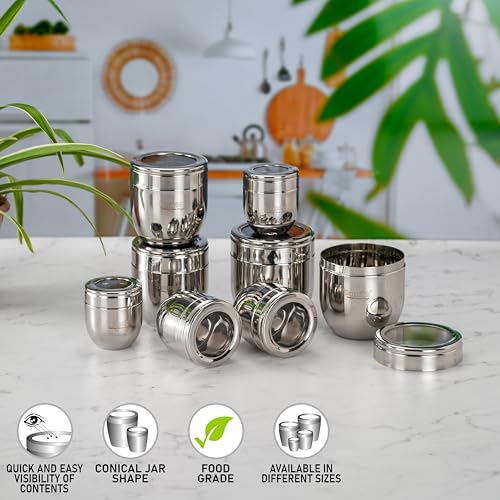 Image of Sumeet Stainless Steel Conical Shape Canisters /Dabba /Storage Containers for Kitchen with See Through Lid, Set of 8 Pcs, (150ml-6cm Dia-2Pc, 250ml-7cm Dia-2Pc, 400ml-8.5cm 2Pc, 500ml-9cm 2Pc)- Silver