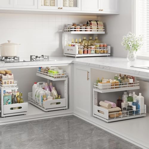 Image of Under Sink Organizer Upgrade To Professional Rails,2-Tier Dual Pull Out Cabinet Storage,Height Adjustable Slide Out Drawers For Bathroom Kitchen,2 Pack-16.7 inchDx12.8 inch-16.9 inchH,White