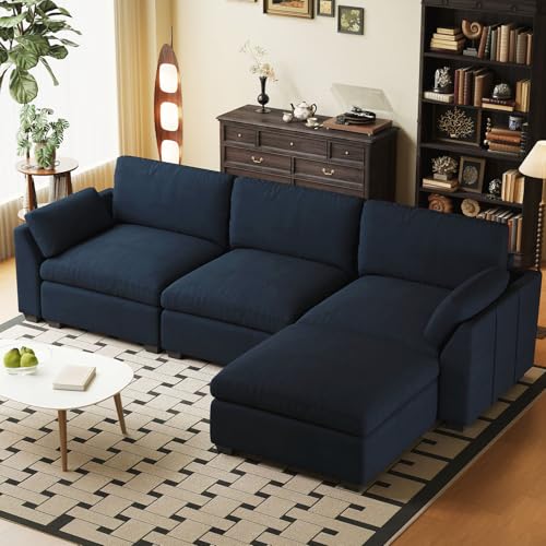 Belffin 4-Seater L Shaped Sectional Couch with Ottoman,36" Deep Seat Cloud Modular Sofa,Breathable Velvet Frabic,Tool-Free Assembly,Blue Blue L Shape