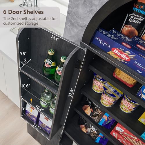 Image of IFGET 71 inch Tall Arched Kitchen Pantry, Modern Fluted Wood Storage Cabinet with Doors, 3 Adjustable Shelves, 6 Door Shelves, Organizer, Versatile Cupboard for Kitchen,Bathroom, Dark Gray