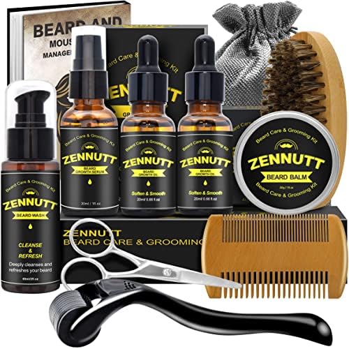 Beard Growth Kit,Fathers Gifts for Men Dad Husband W/Beard Roller,2 Pack Beard Oil,Beard Serum,Wash,Balm,Brush,Comb,Scissor for Beard Grooming Care,Christmas Stocking Stuffers