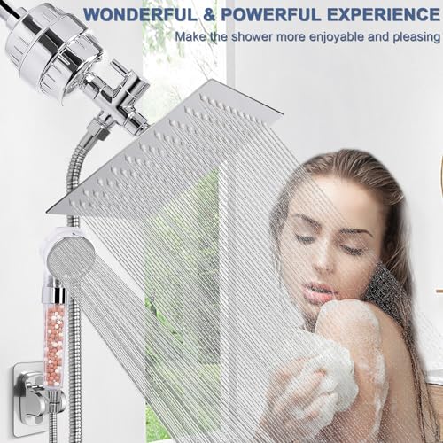 Image of Filter Shower Head, High Pressure 8 Inch Rainfull with Filter Combo for Hard Water, Remove Chlorine Fluoride and Harmful Substances- 1 Replaceable Filter Cartridge (Square, Chrome)