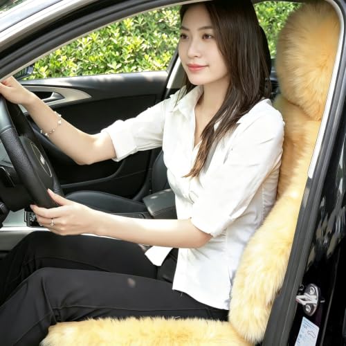 Image of OGLAND Fluffy Sheepskin Car Seat Covers for Soft Auto Fur Pet Cushion Pad