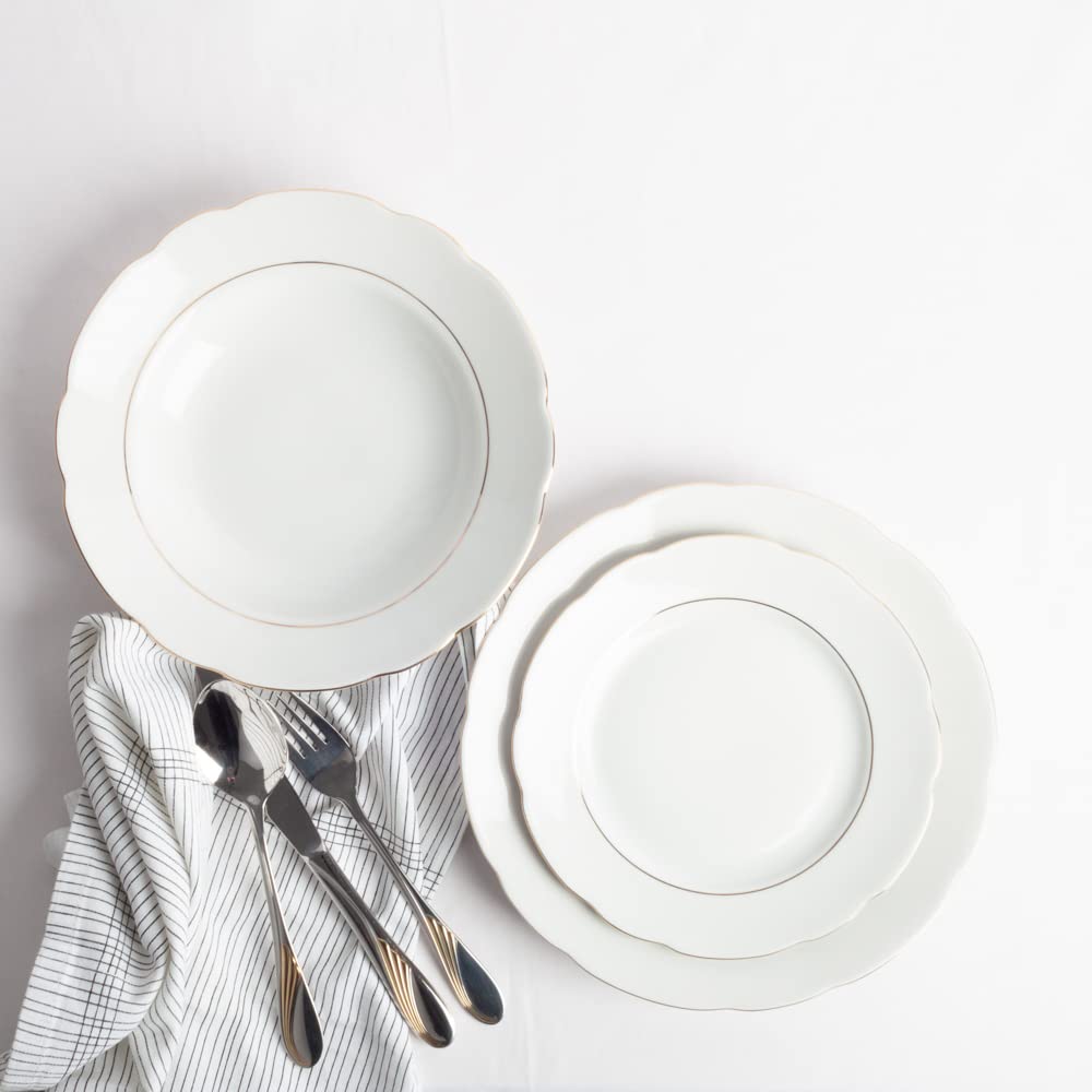 FRANQUIHOGAR - Juego de Vajilla 18 Piezas para 6 Personas - Porcelana Blanca con Filo de Oro, Elegante y Clásico, Incluye Platos Llanos, Hondos, Blanco Con Filo de Oro, Porcelana