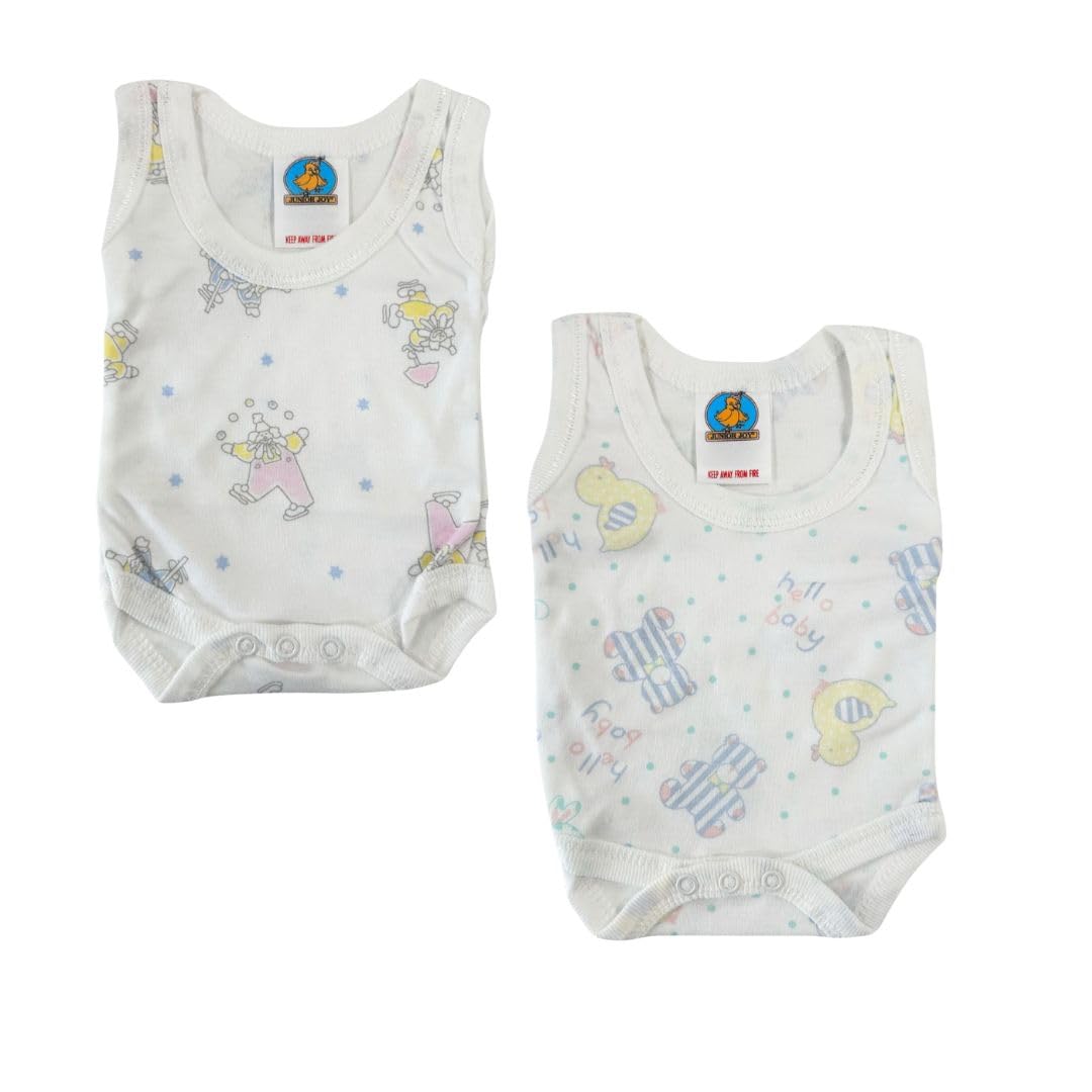Junior Joy – 2 Pack Baby White Printed Bodysuits for 6–12 Months, Round Neck, Sleeveless, 100% Cotton, Popper Fastening for Easy Nappy Changes
