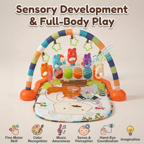 Image of StarAndDaisy Baby Play Gym Mat with Adjustable Piano, Kick & Play Activity Mat for Babies, Infants & Toddlers, Hanging Rattle Toys, Music & Lights (Orange)