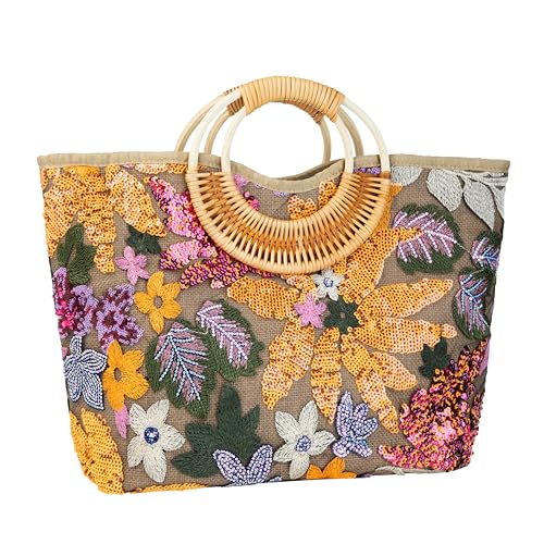 Image of Rattan Wood Handle Sequin Embroidered Floral Beach Bag Tote for Vacation and Wedding Party
