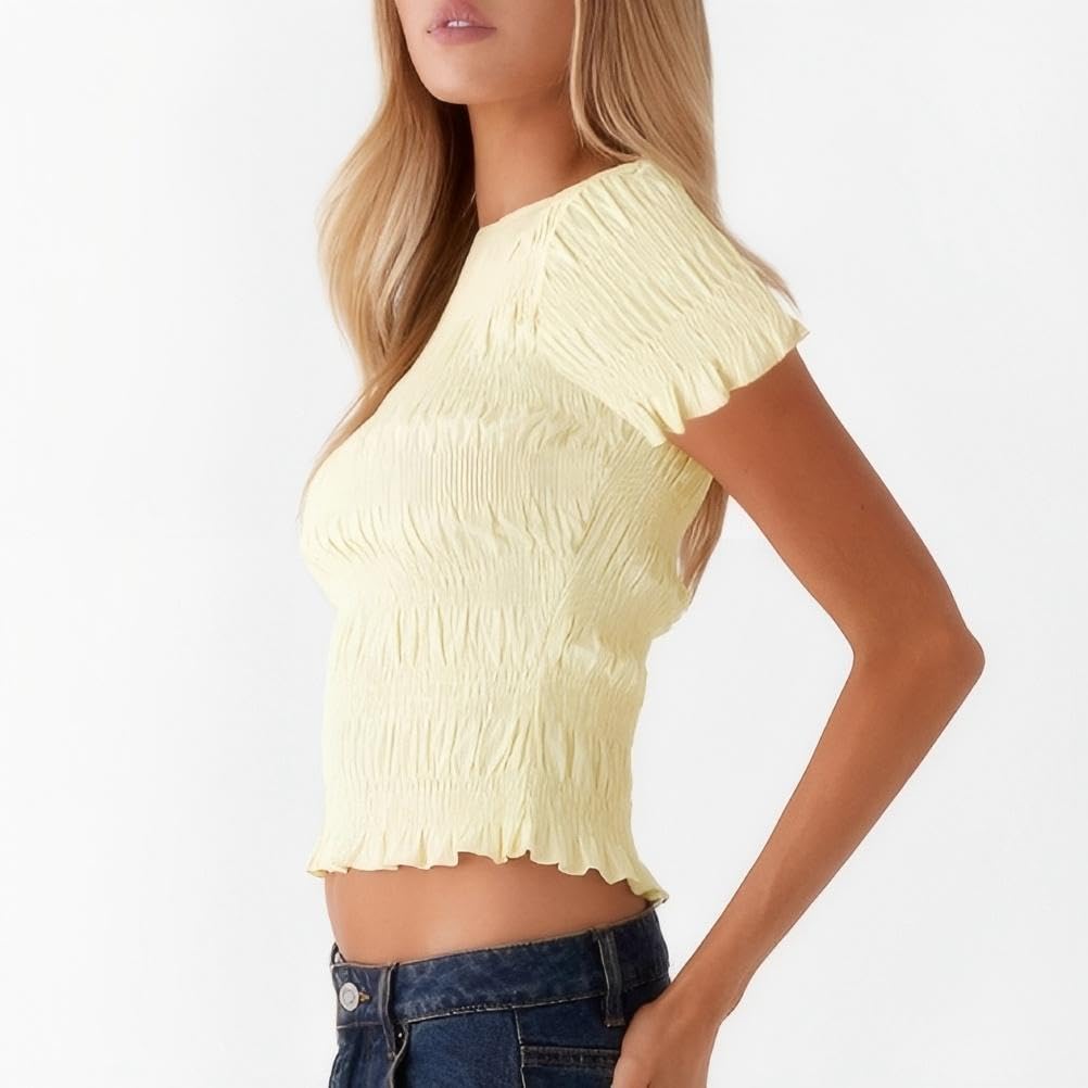 Womens Cap Sleeve Smocked Shirt Y2k Ruffle Shirred Crop Top Cute Crew Neck Peplum Tops Summer Ruched Going Out Tee - Image 2