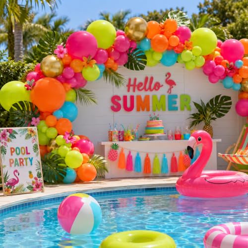Image of HILAVO Tropical Balloons Kit, 60 PCS 12Inch Hawaiian Balloons Hot Pink Orange Teal Green and Gold Colorful Rainbow Balloon for Summer Tropical Aloha Luau Pool Beach Birthday Baby Shower Party Decor