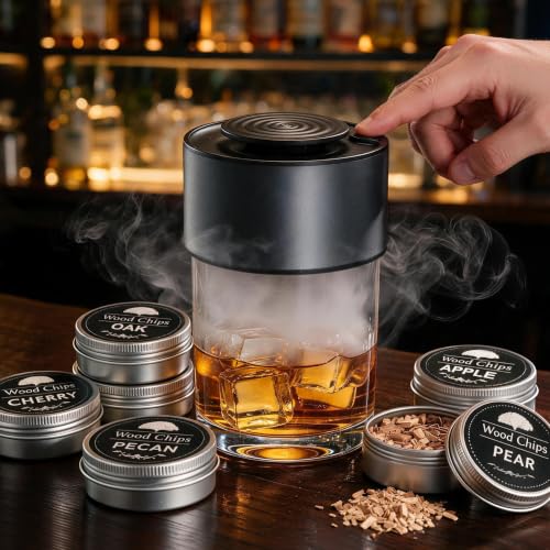 Electric Whiskey Smoker Kit Rechargeable Bourbon Smoker Kit with 6 Flavors of Natural Wood Chips Drink Smoker Infuser Kit Cocktail Idea Christmas Birthday Gifts for Men Husband Dad Him