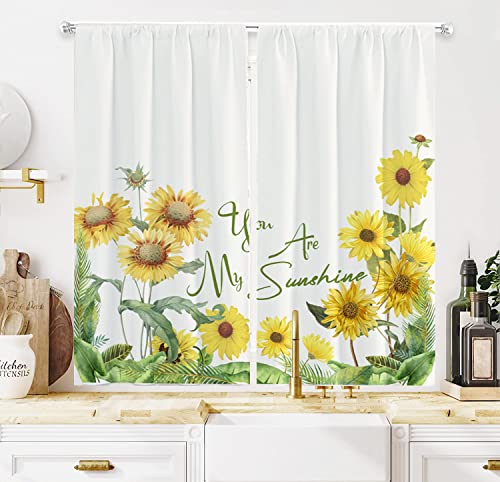 Sunflower Garden Window Kitchen Curtain Short Velvet Summer Inspired Design Agriculture, Window Drapes 2 Panel Set For Kitchen Cafe Decor,55" X 39" (2 Panels 27.5 X 39 Inch), Yellow Green #TOP17